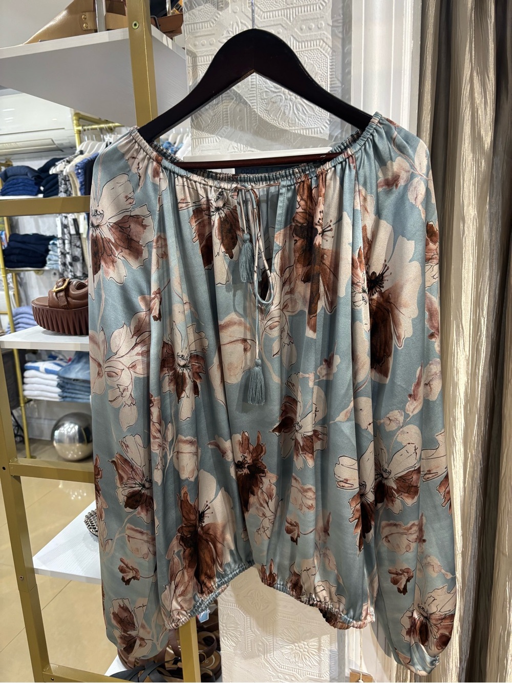 GoSilk - T1789 Floral Off-Shoulder Peasant Top in Light Blue and Brown
